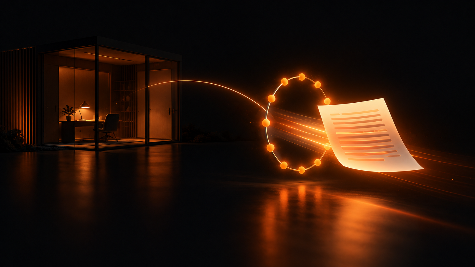 A glowing sheet of text lines passing through a ring of twelve small orange points, a gate of light on a near-black background