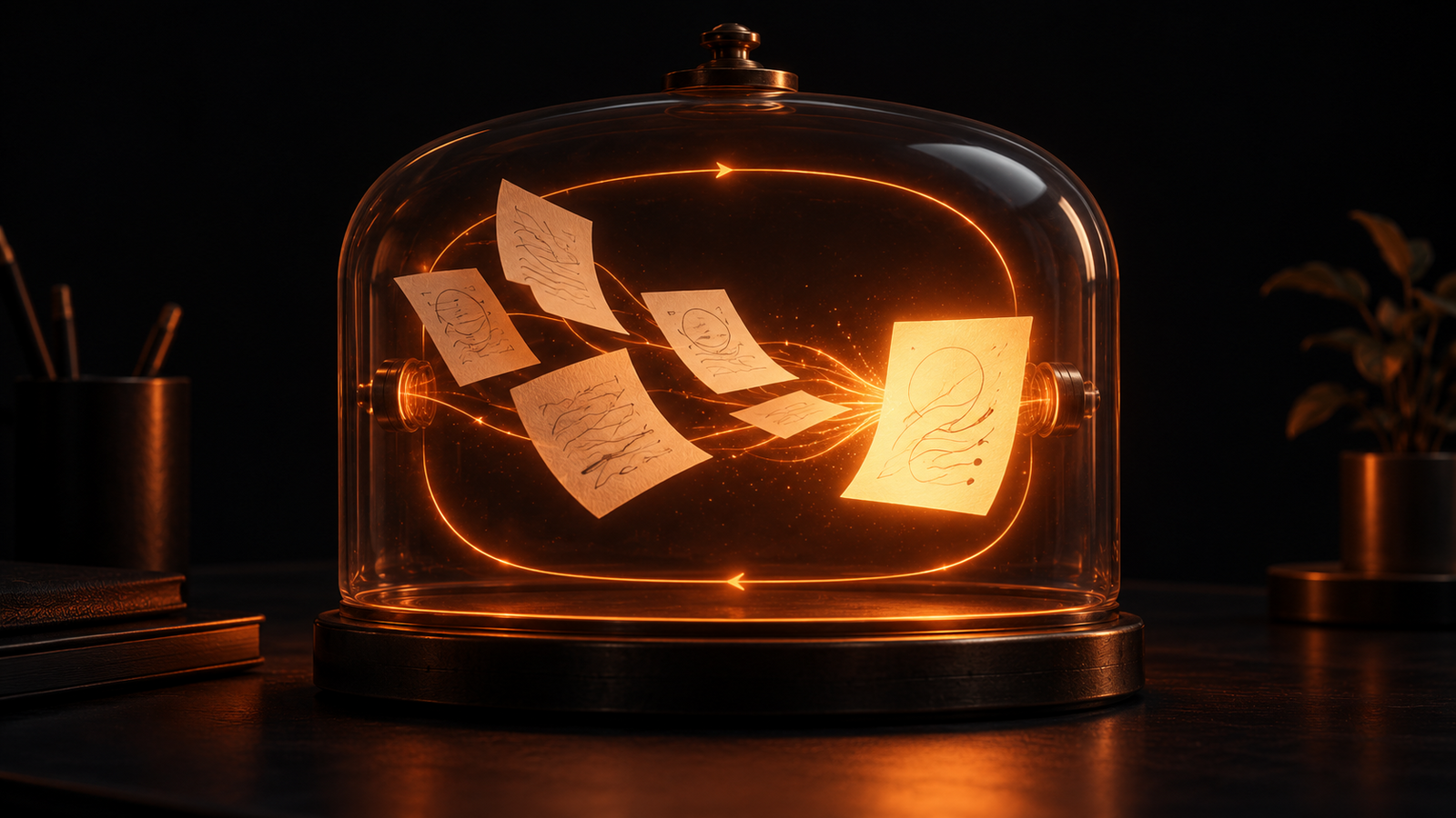 A small glass dome on a dark desk, lit from inside in orange, with a stack of loose paper sheets being drawn into a single glowing page