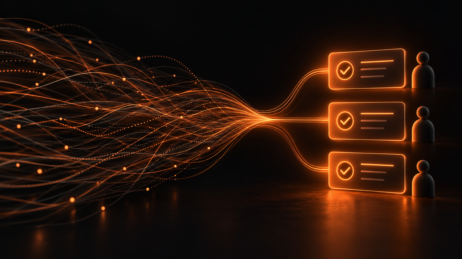 A tangle of glowing orange conversation threads narrowing into three checklist cards, each with a small person silhouette beside it, on a near-black background