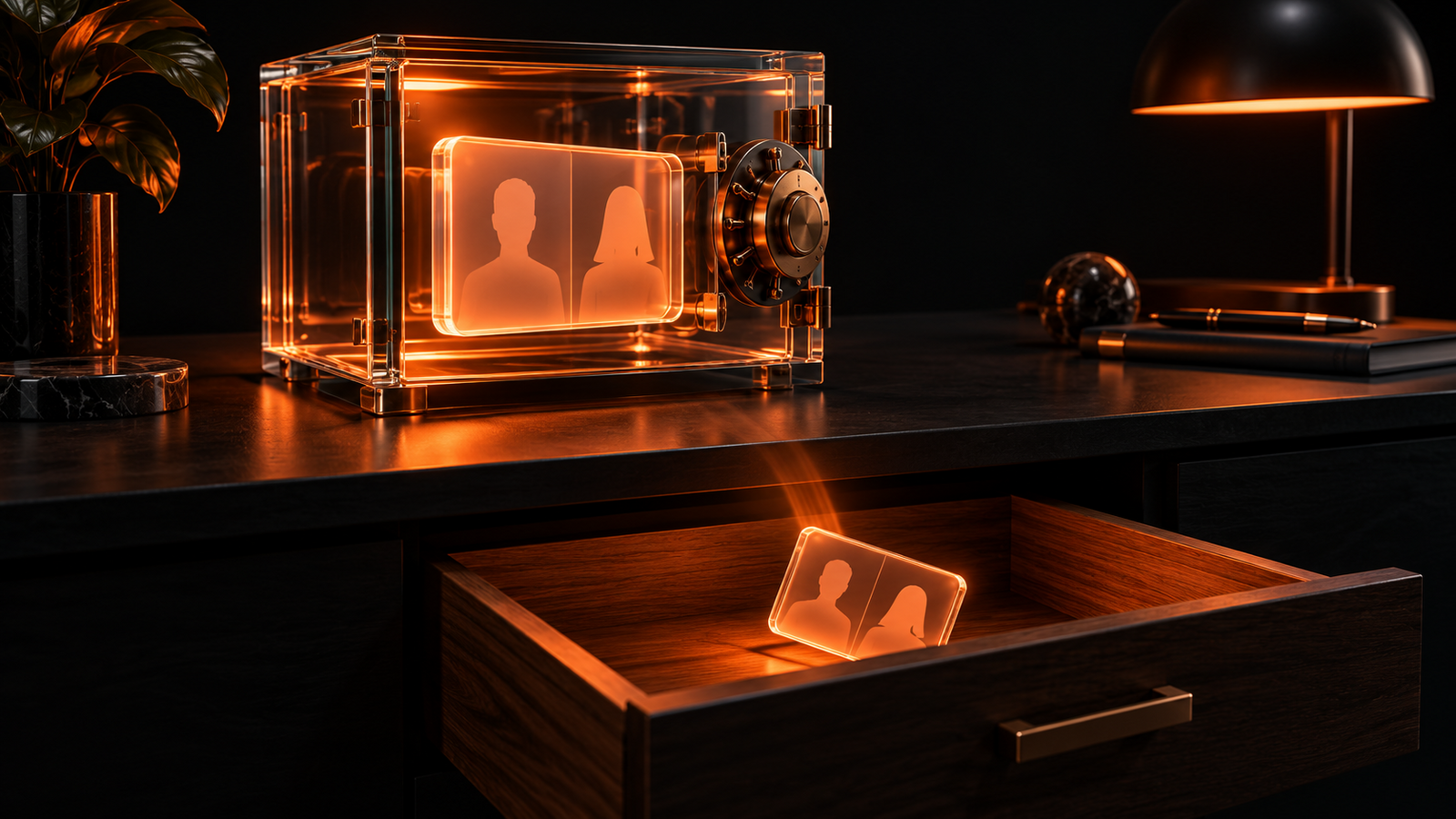 A glowing glass vault on a dark desk holding a sealed video call, with a small copy of it dropping into a drawer below