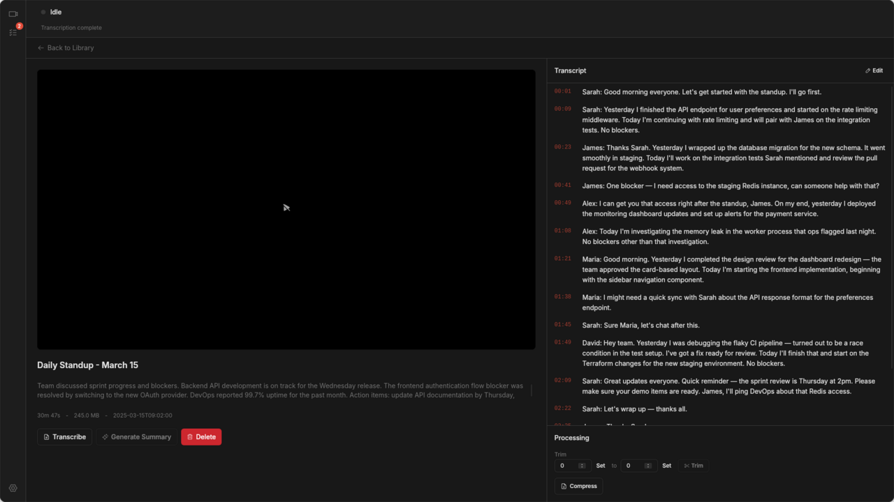 Video detail view with AI-generated summary text
