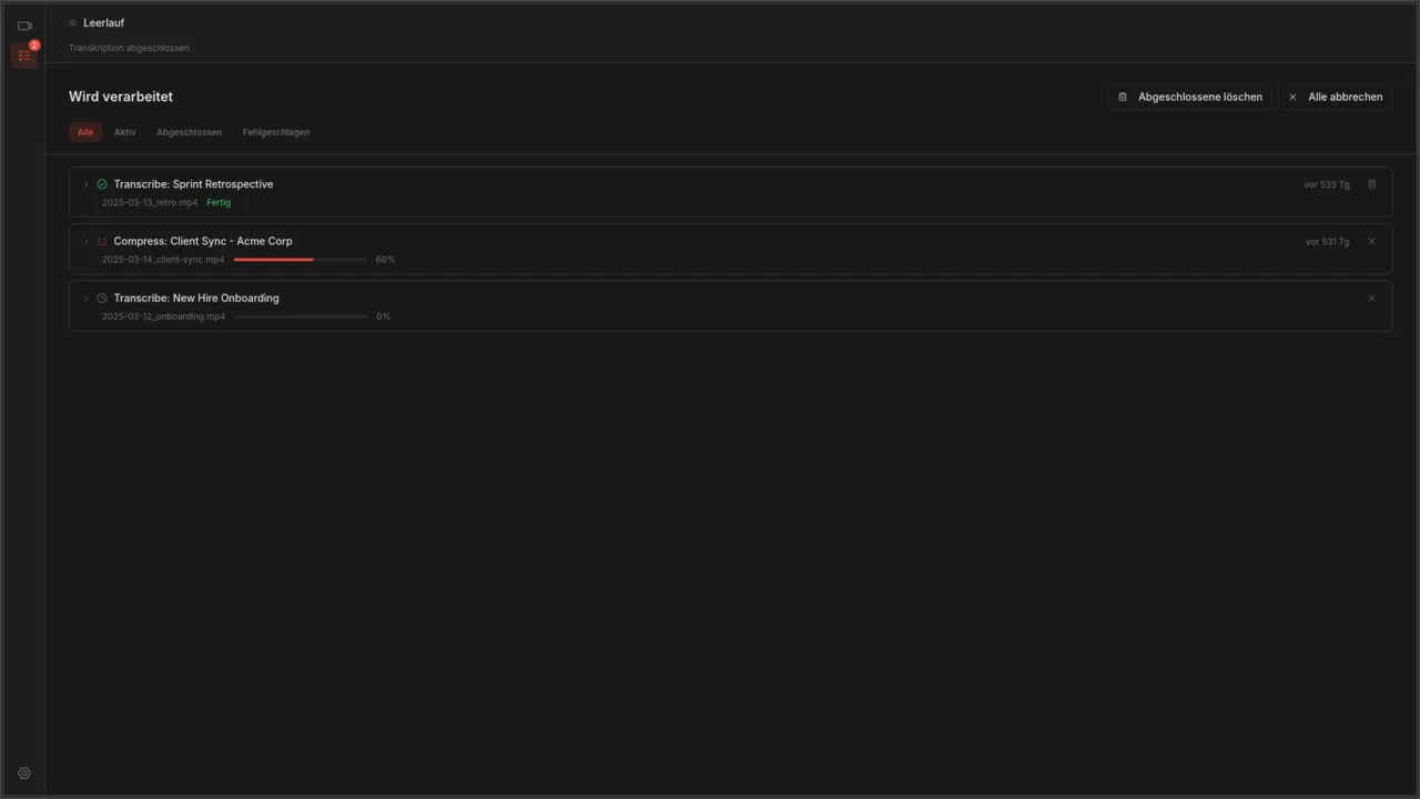 Verarbeitungsseite mit aktiven Transkriptions- und Komprimierungsaufgaben und Fortschrittsbalken