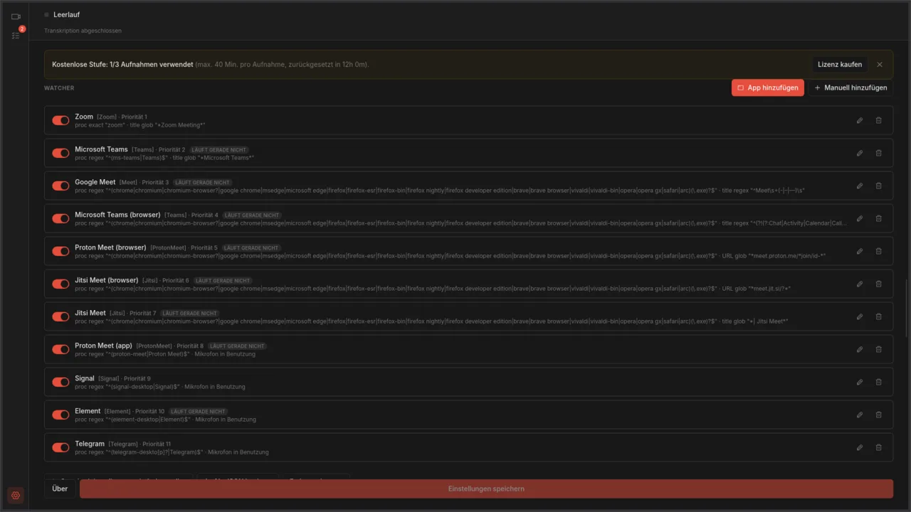 Die Watcher-Einstellungen von Autorec mit den Proton-Meet-Watchern für Browser und App neben Zoom, Teams und Google Meet