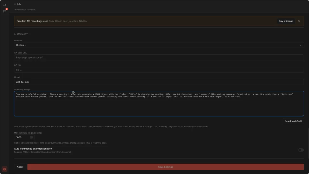 Settings page showing the editable summary prompt textarea