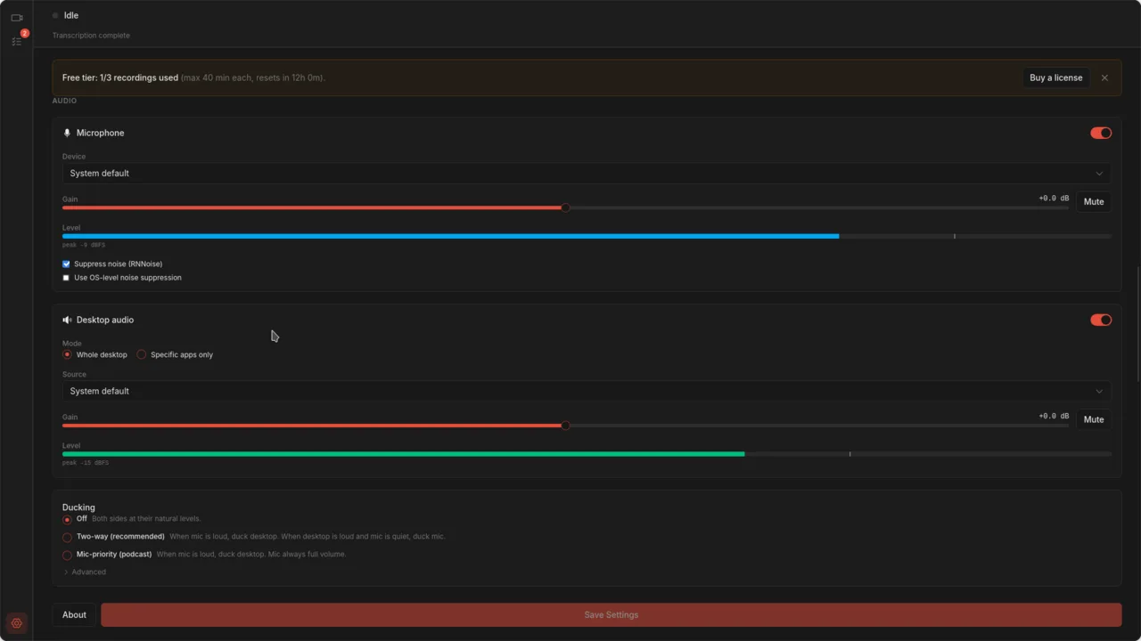 Audio settings panel with microphone and desktop audio controls and live meters
