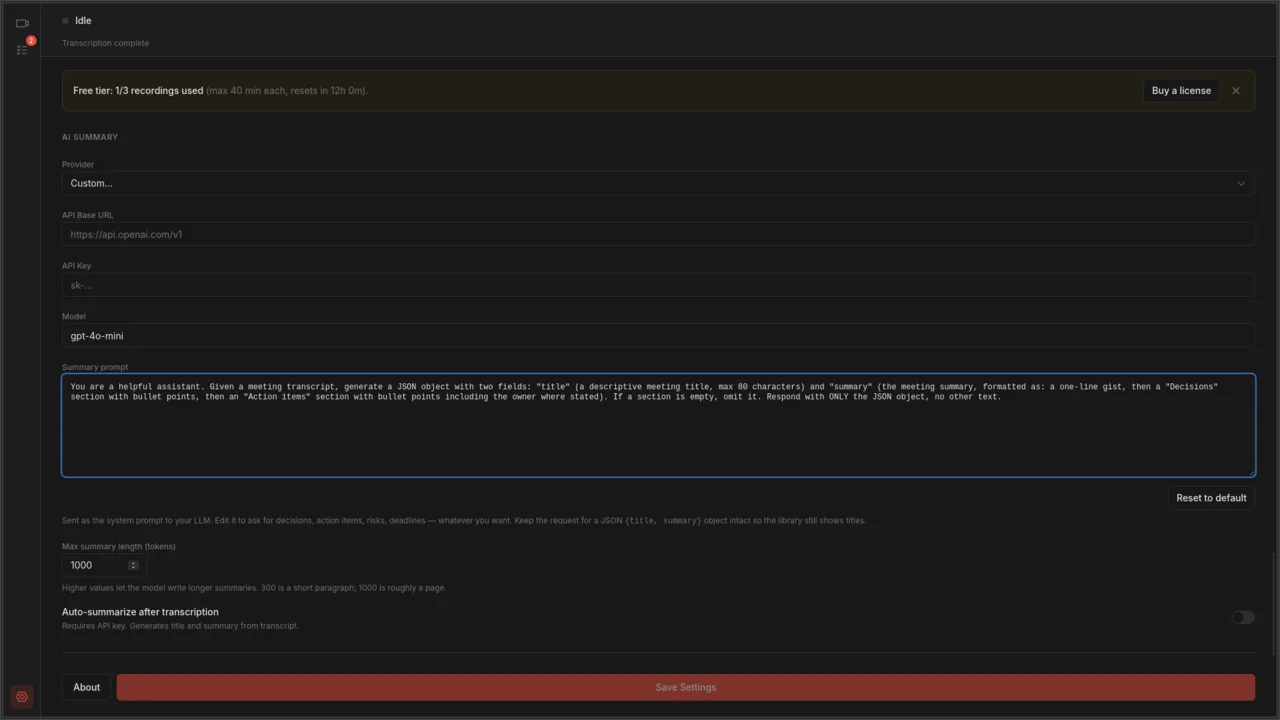 Settings page showing the editable summary prompt textarea