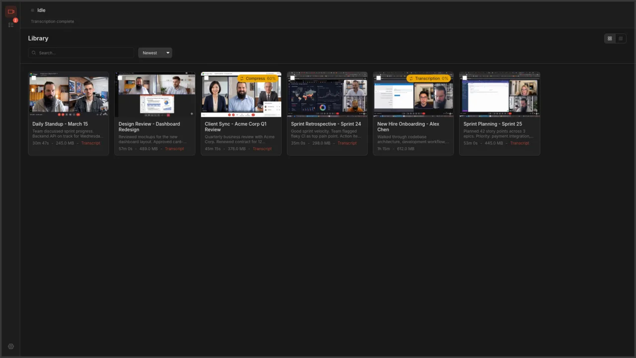 The autorec library window showing recorded meetings