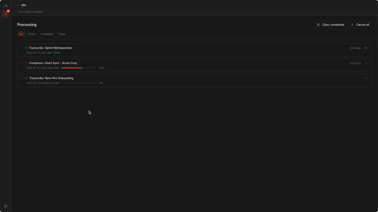 Processing page showing active transcription and compression jobs with progress bars