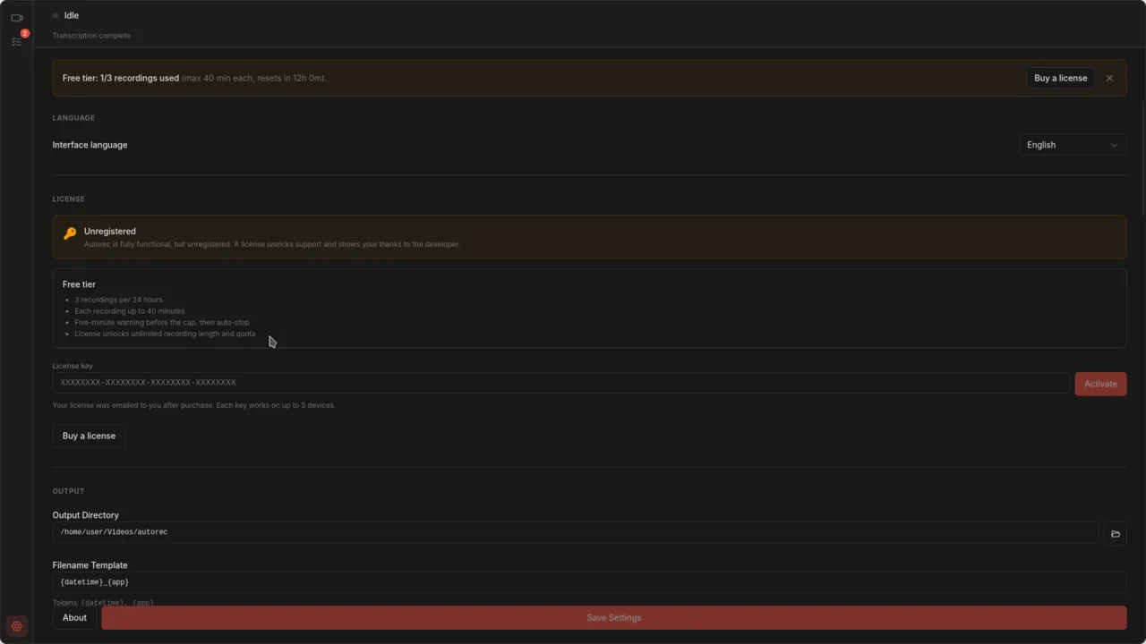 Full settings page with output, quality, app detection, and transcription sections