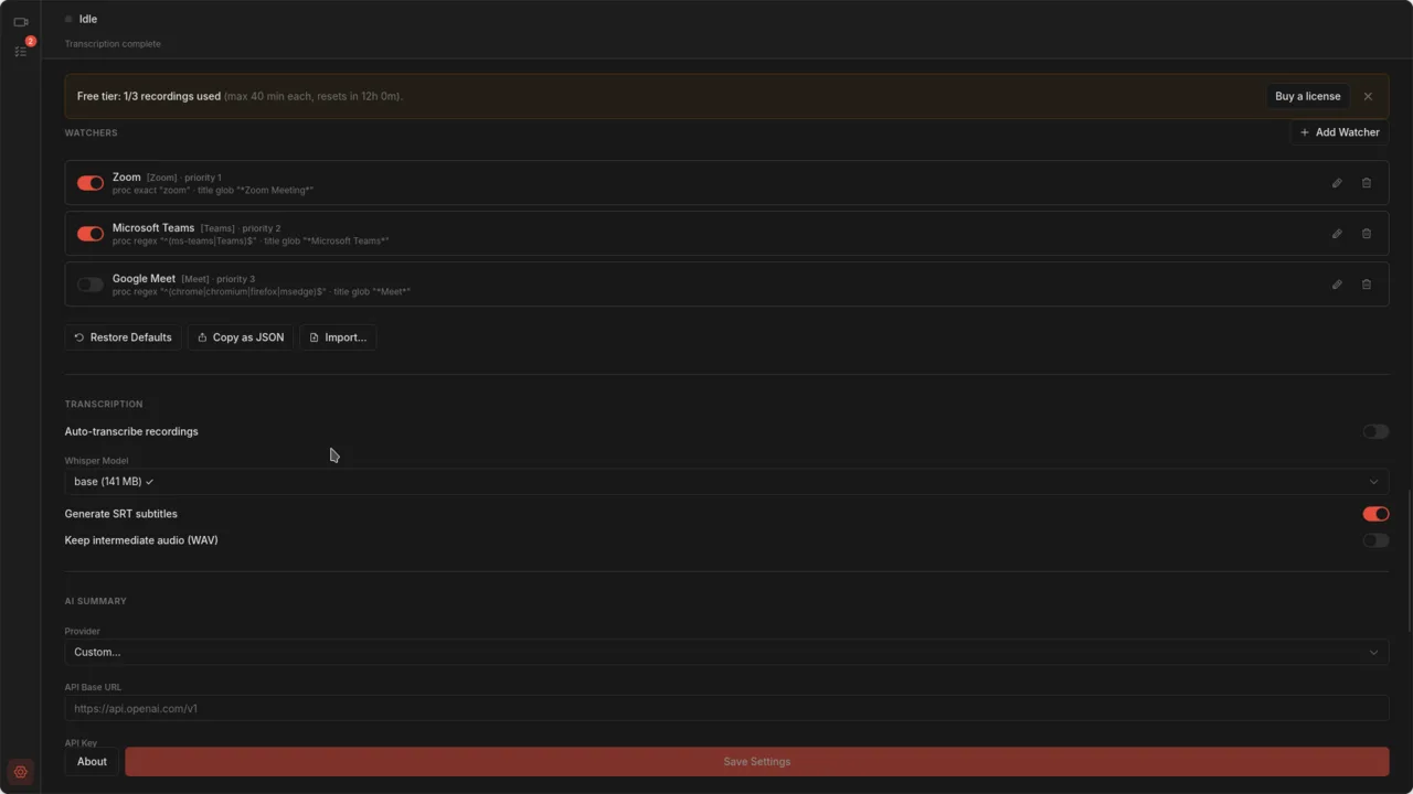 Settings page with per-app tracking toggles for Zoom, Teams, and Meet