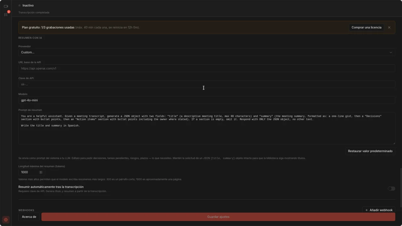 Página de configuración que muestra el área de texto editable para el prompt de resumen