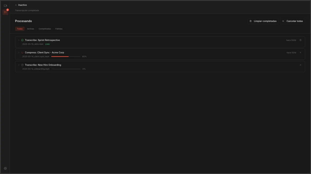 Página de procesamiento que muestra trabajos activos de transcripción y compresión con barras de progreso