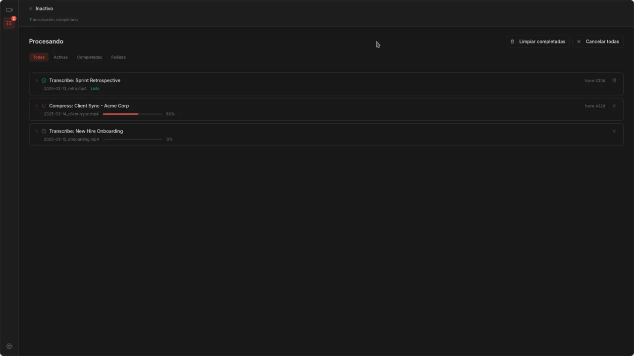 Página de procesamiento que muestra trabajos activos de transcripción y compresión con barras de progreso
