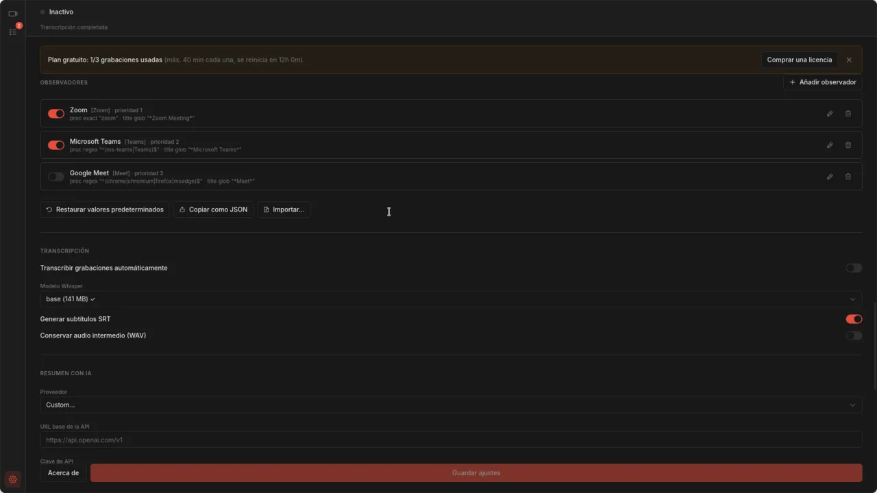 Página de ajustes con interruptores de seguimiento por aplicación para Zoom, Teams y Meet