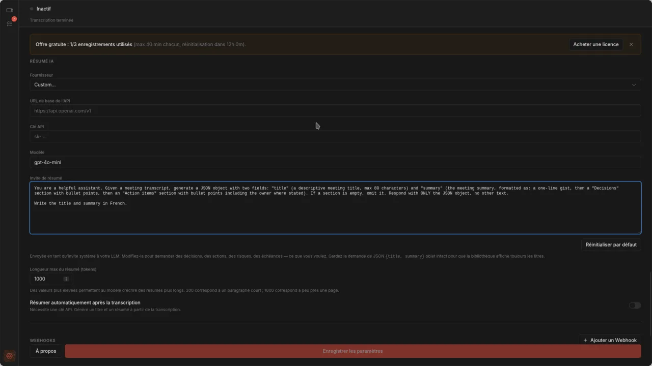 Page des paramètres affichant la zone de texte du prompt de résumé éditable