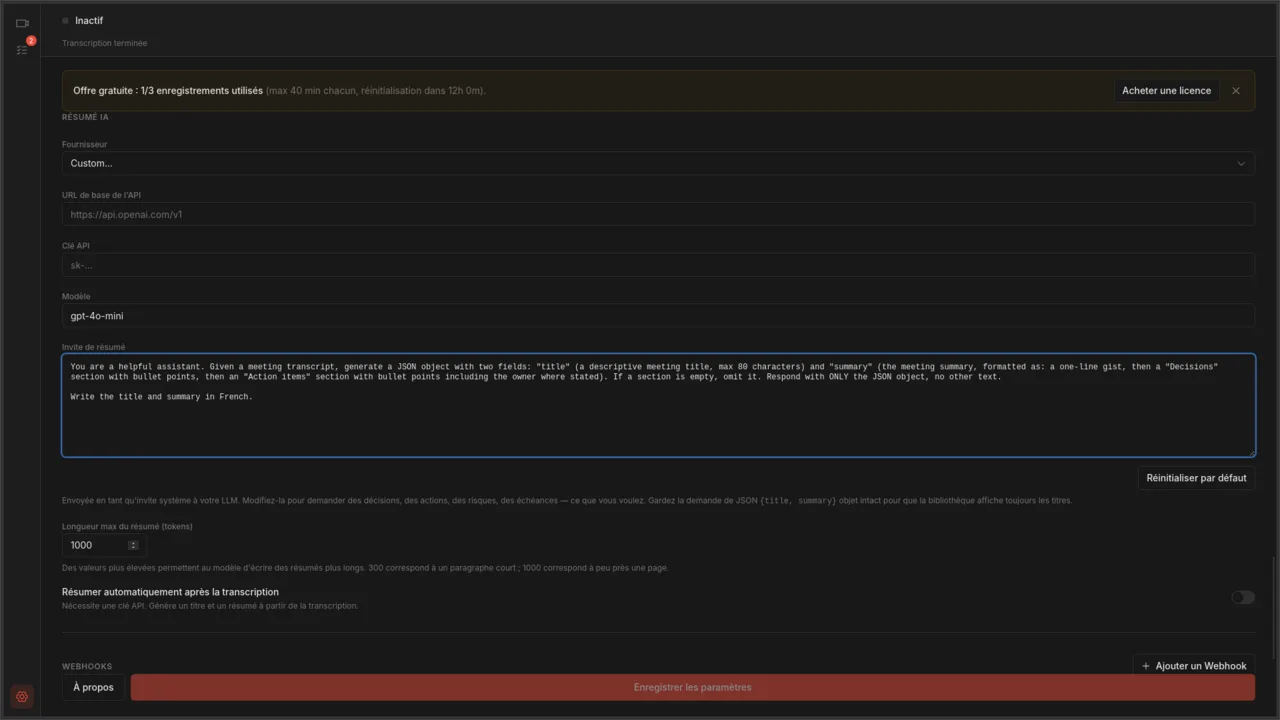 Page des paramètres affichant la zone de texte du prompt de résumé éditable