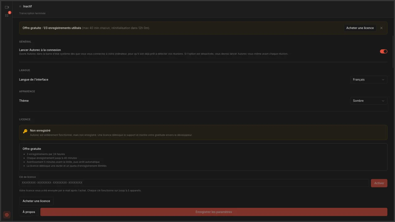 Page de paramètres complète avec sections sortie, qualité, détection d'applications et transcription