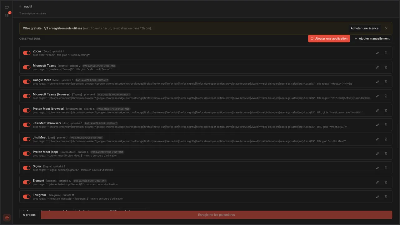 Les réglages Observateurs d’Autorec avec les observateurs Proton Meet navigateur et application, à côté de Zoom, Teams et Google Meet