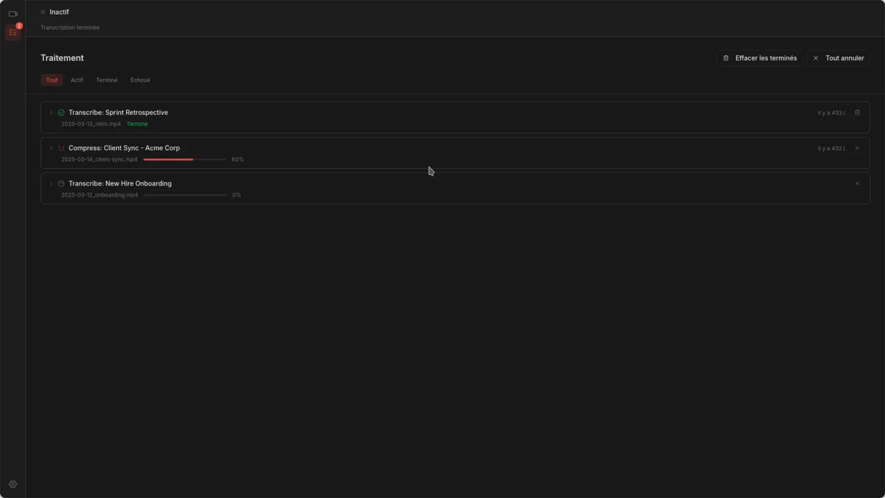 Page de traitement affichant les tâches de transcription et compression en cours avec barres de progression