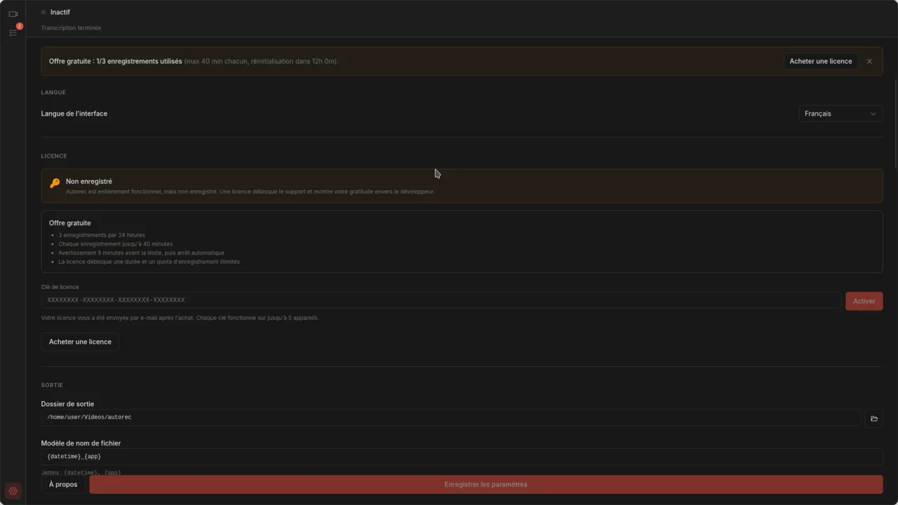 Page de paramètres complète avec sections sortie, qualité, détection d'applications et transcription