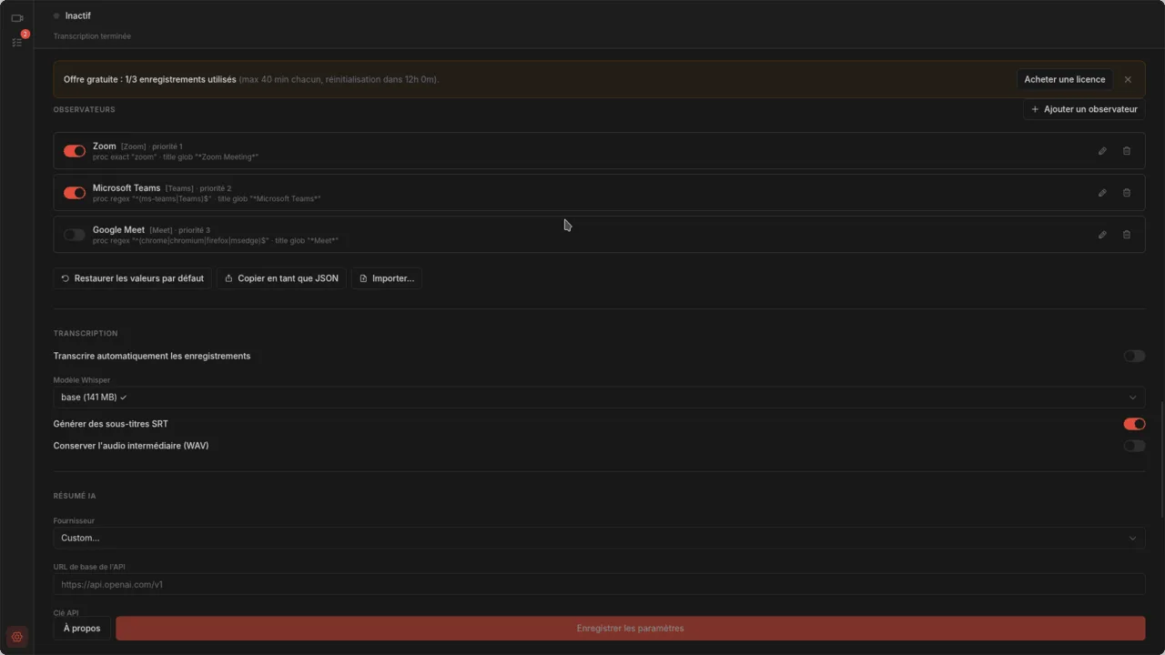 Page des paramètres avec les interrupteurs de suivi par application pour Zoom, Teams et Meet