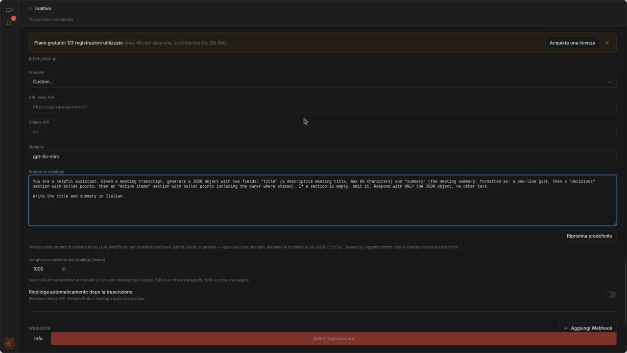 Pagina delle impostazioni che mostra l'area di testo del prompt di riassunto modificabile