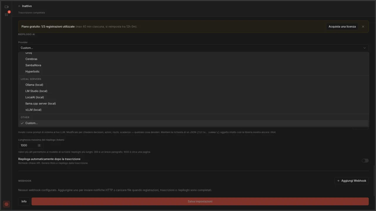 Menu a discesa del provider AI Summary che elenca le opzioni LLM hosted e locali