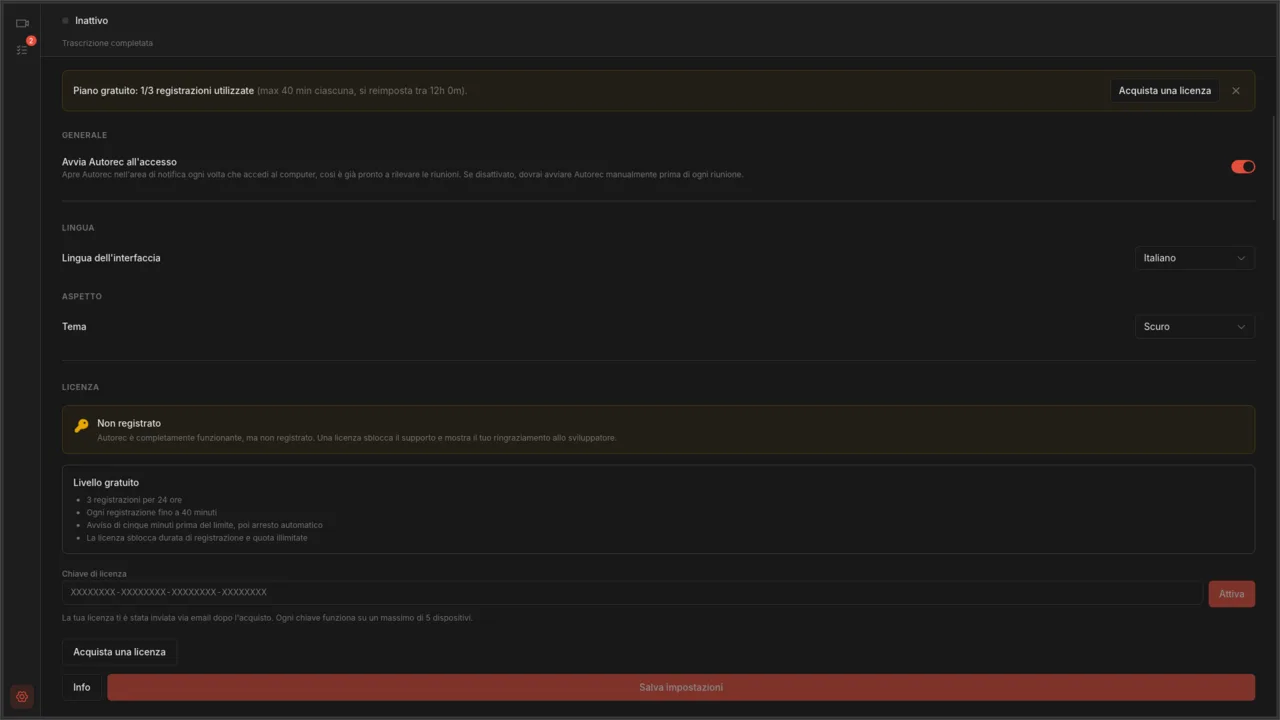 Pagina impostazioni completa con sezioni output, qualità, rilevamento app e trascrizione
