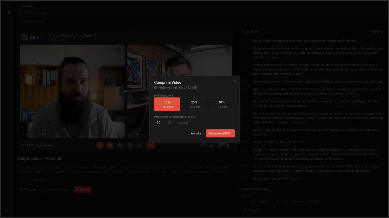 Dettaglio video con finestra di compressione che mostra i pulsanti dei preset di qualità
