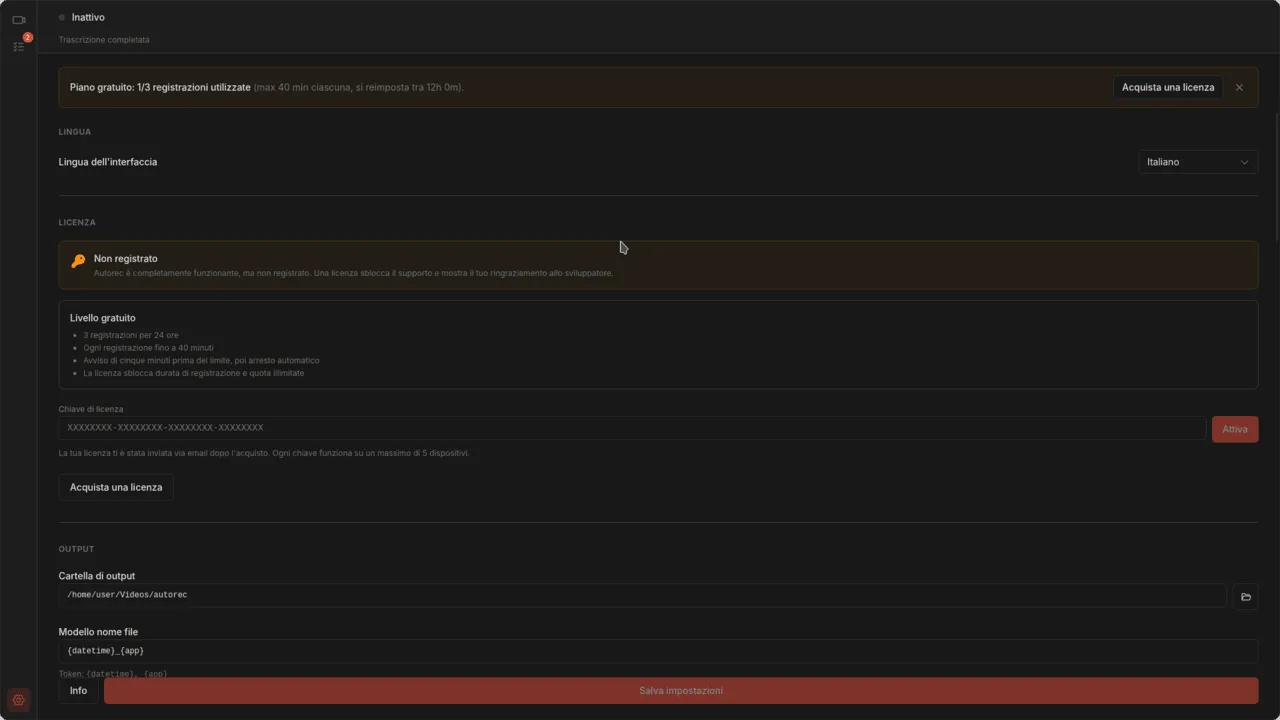 Pagina impostazioni completa con sezioni output, qualità, rilevamento app e trascrizione