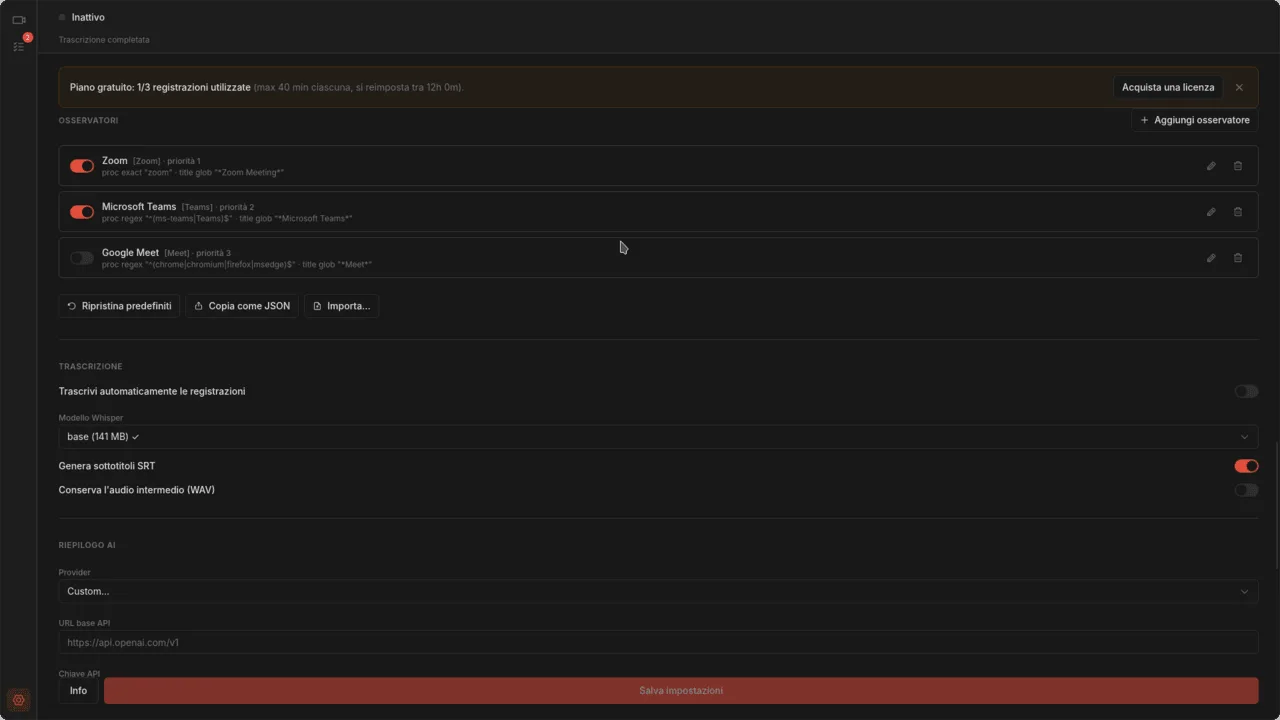 Pagina delle impostazioni con toggle per il monitoraggio di Zoom, Teams e Meet