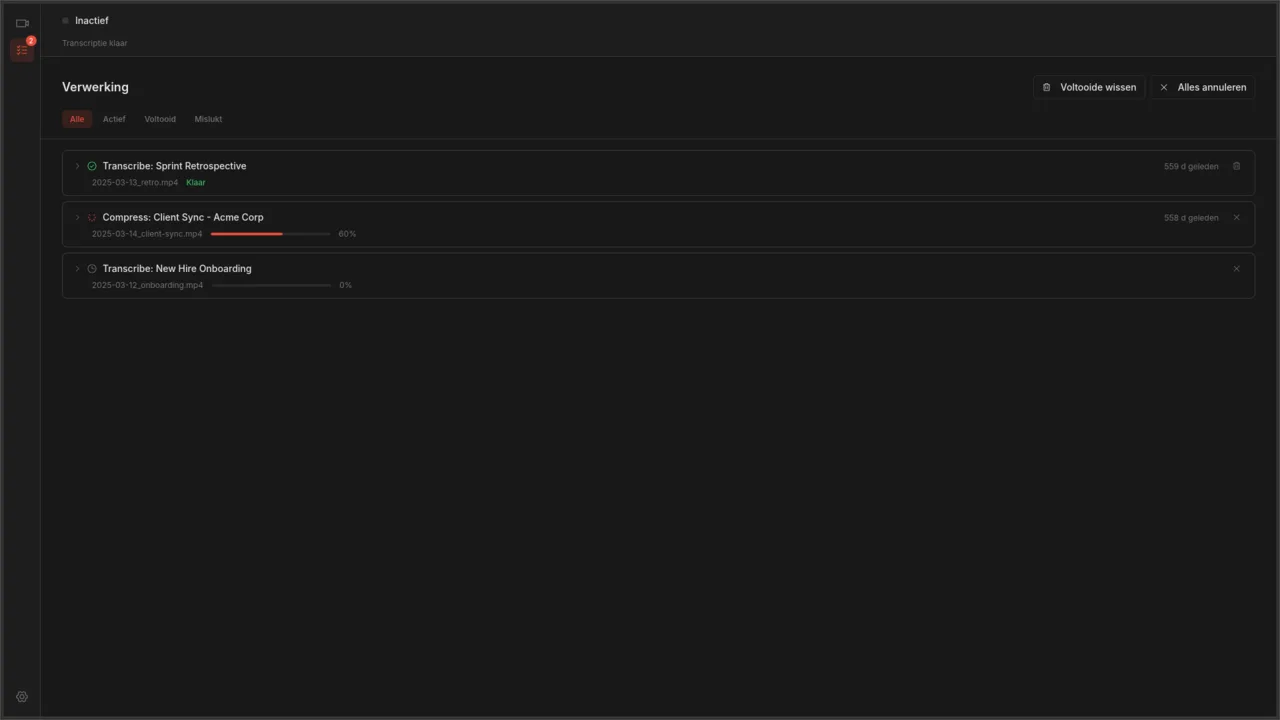 Verwerkingspagina met lopende transcriptie- en compressietaken en voortgangsbalken