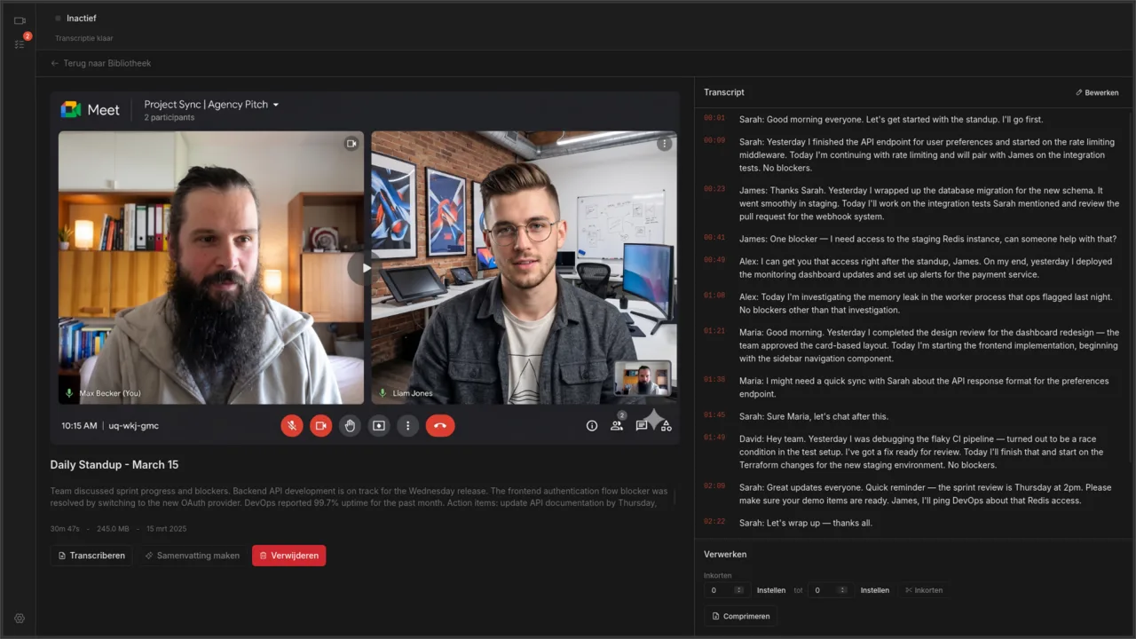 Videodetail met transcriptpaneel met het gesprek en tijdcodes