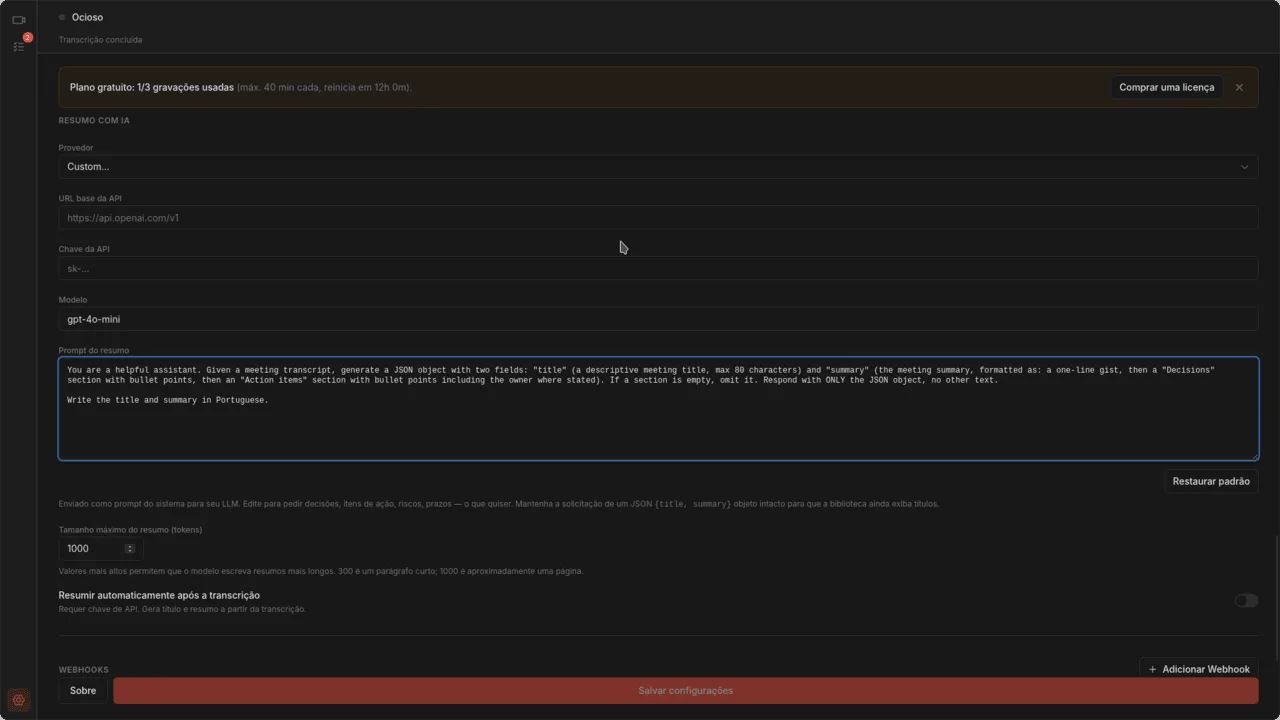 Página de configurações mostrando a área de texto editável do prompt de resumo