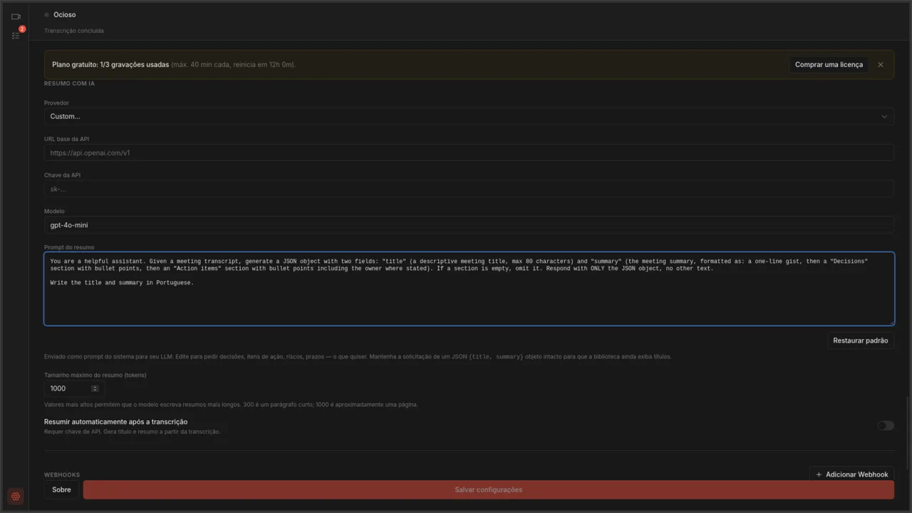 Página de configurações mostrando a área de texto editável do prompt de resumo