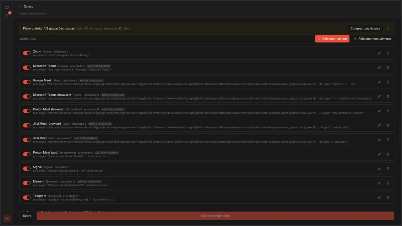 Configurações de Monitores do Autorec mostrando os monitores do Proton Meet para navegador e app ao lado de Zoom, Teams e Google Meet