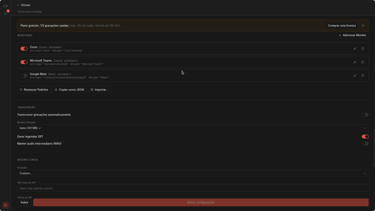 Página de configurações com toggles de rastreamento por app para Zoom, Teams e Meet