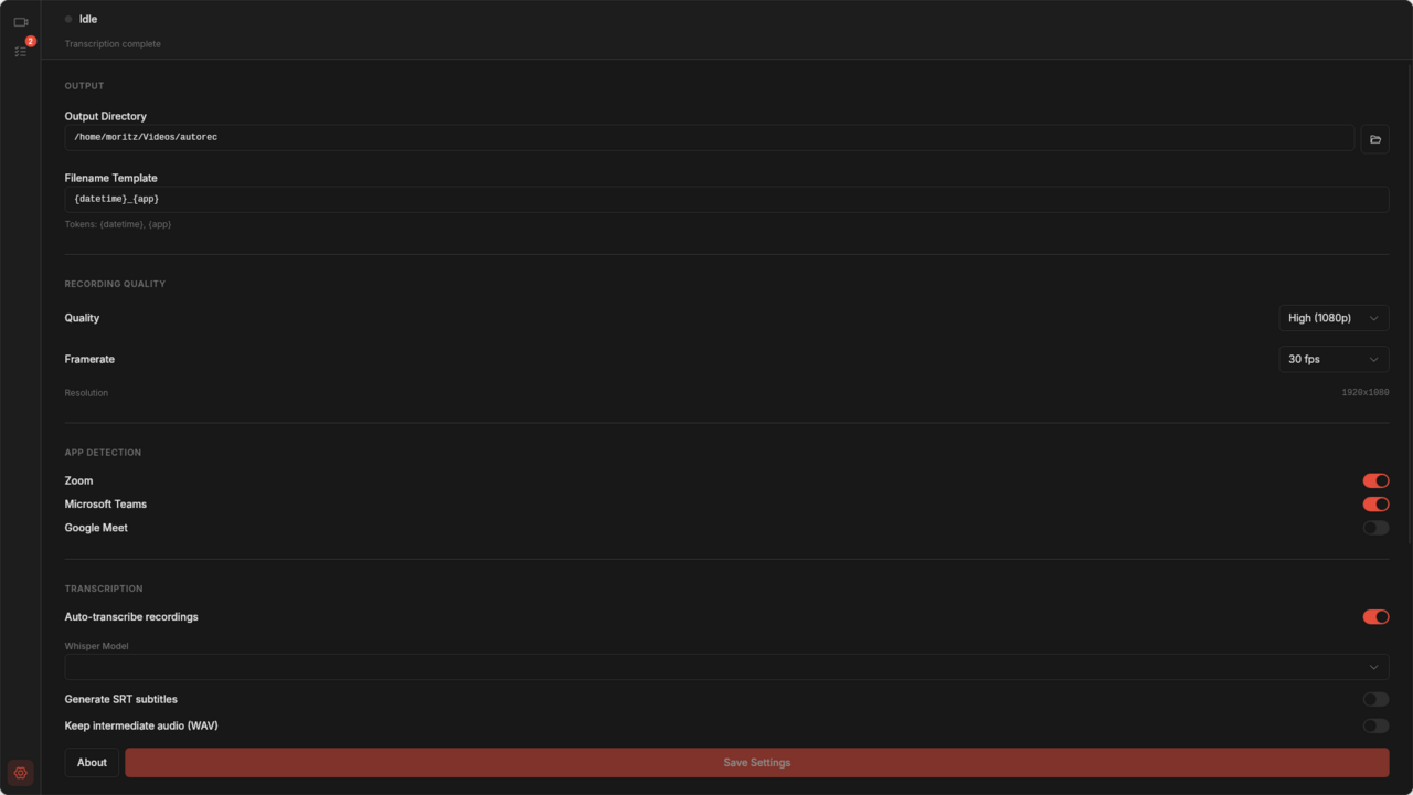Full settings page with output, quality, app detection, and transcription sections