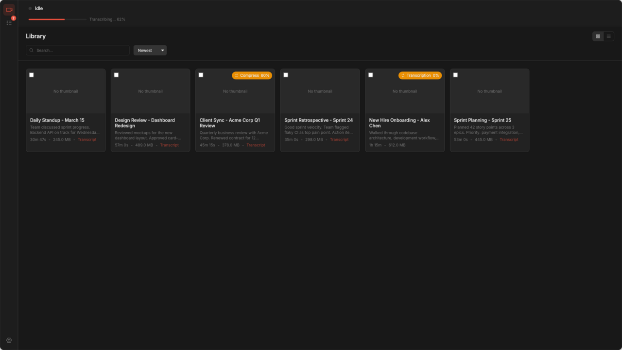 StatusBar showing transcription in progress at 62%