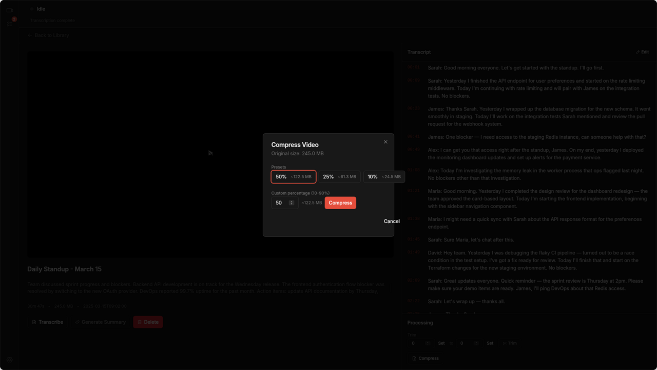 Video detail with compress dialog showing quality preset buttons
