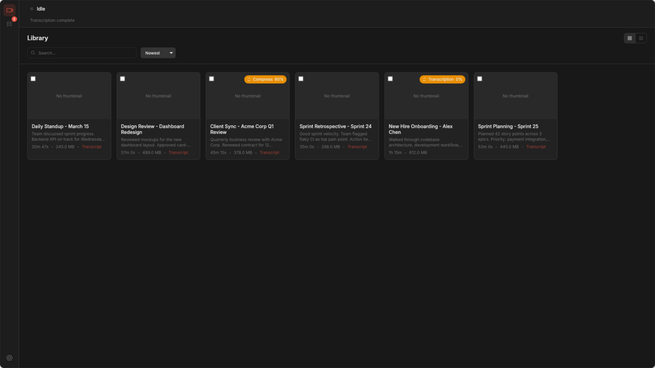 Library grid view with video cards showing titles, durations, and sizes