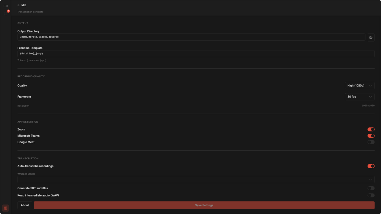 Settings page with per-app tracking toggles for Zoom, Teams, and Meet